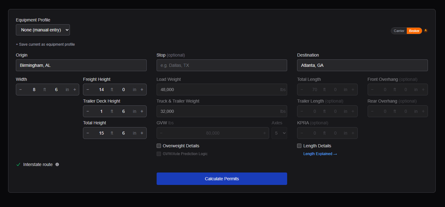 Oversize load permit cost calculator input form with a Birmingham, AL to Atlanta, GA route and load width, height, and weight entered