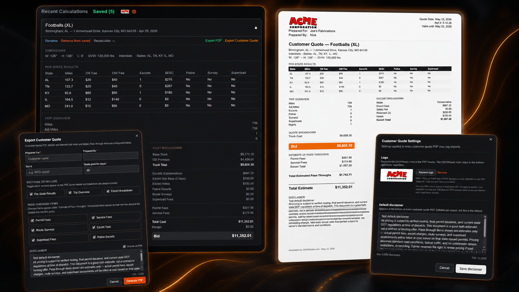 Branded customer-facing oversize and overweight permit quote PDF exported from OSOWloads with pass-through line-item controls