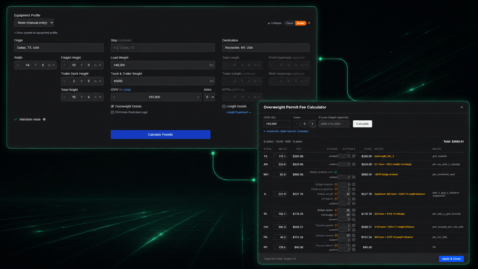OSOWloads oversize and overweight permit calculator input form with equipment profile and load dimensions