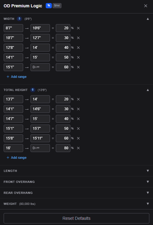 OD Premium Logic interface: configurable per-dimension percentage ranges for pricing oversize loads