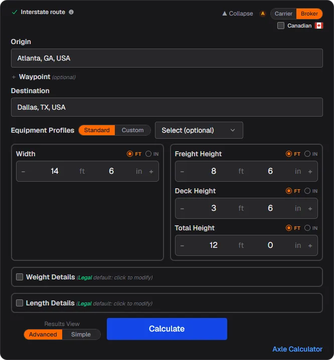 Oversize load permit calculator input form: origin, destination, equipment profile, width and height dimensions