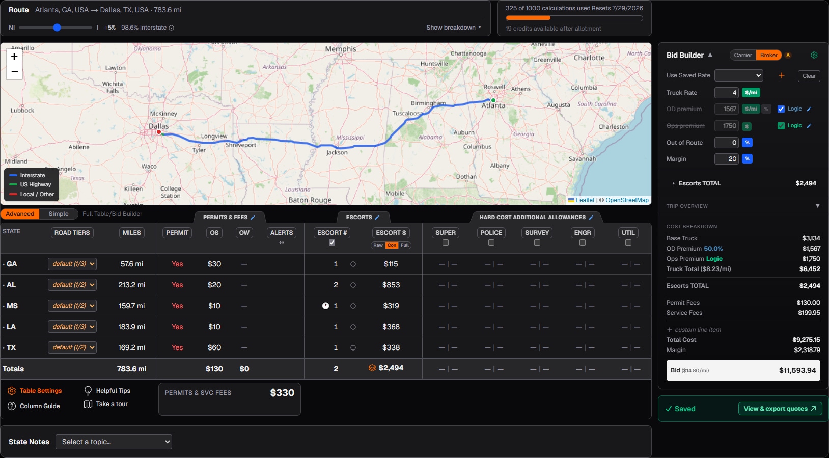 OSOW calculator results workspace: multi-state route map from Atlanta to Dallas, per-state permit and escort cost table, and bid builder quote