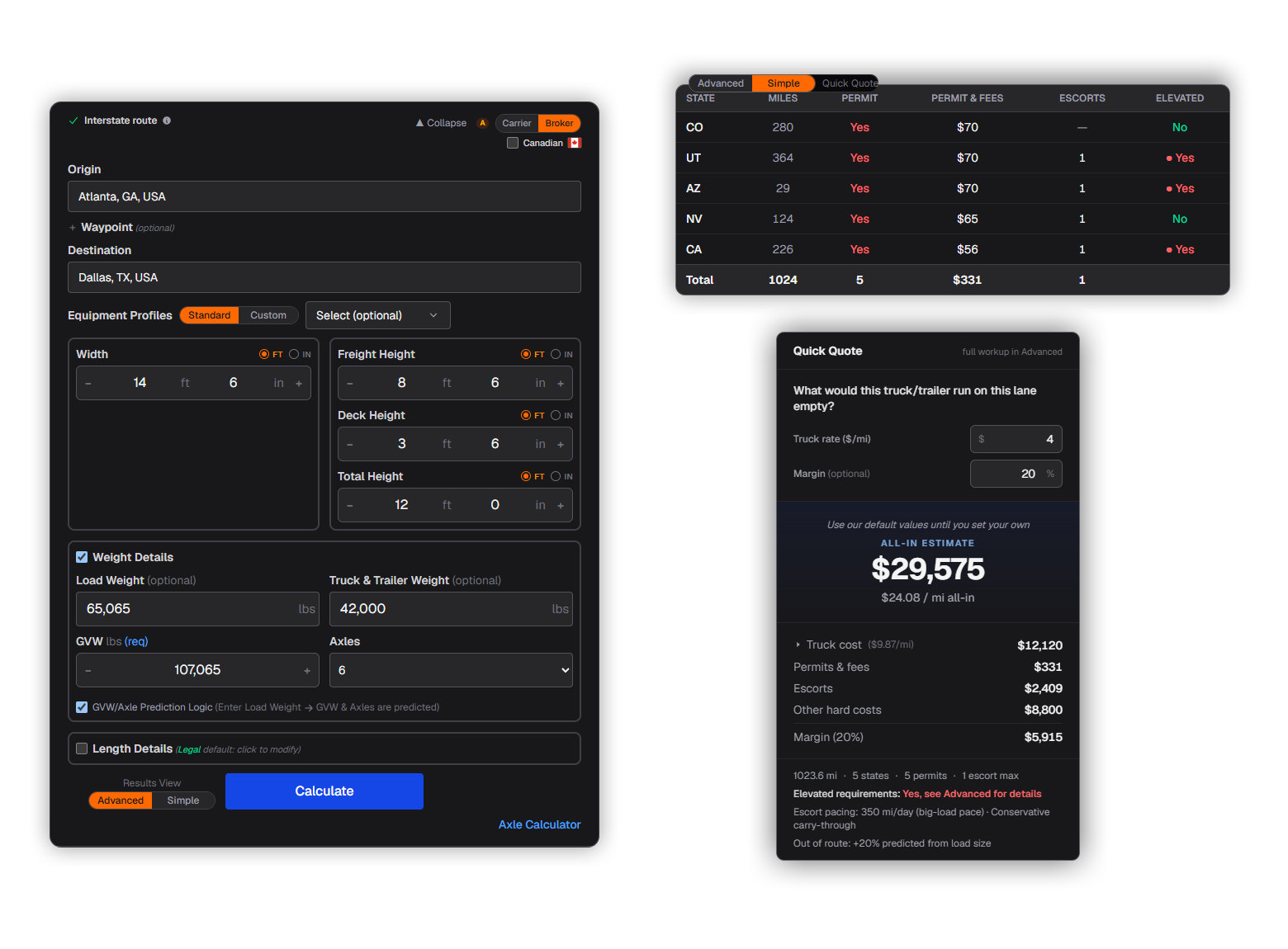OSOWloads permit calculator fast inputs: load dimension form with GVW and axle prediction, Simple mode per-state table, and Quick Quote all-in estimate