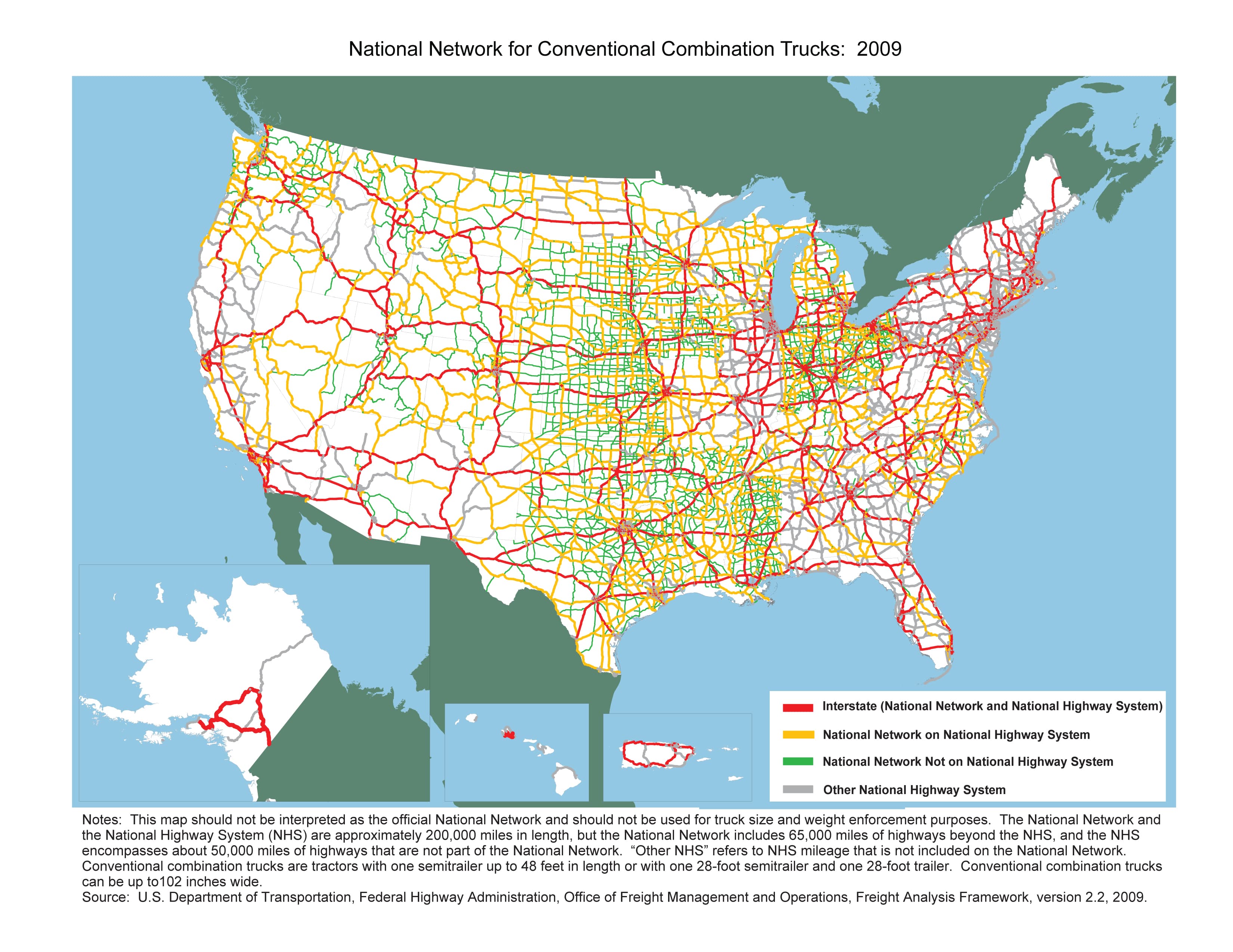 Map of the National Network: Interstate System and designated federal-aid primary highways where STAA length provisions apply