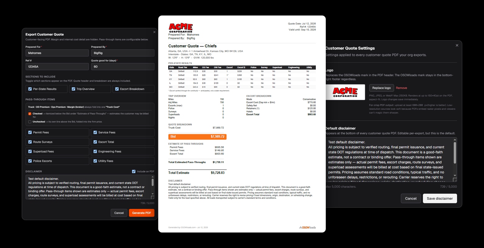 Branded oversize load quote PDF with company logo, export dialog with pass-through controls, and customer quote settings